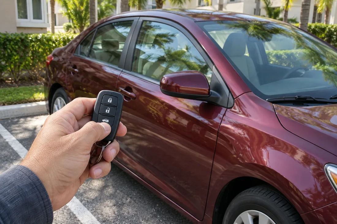 Car key held beside a parked sedan