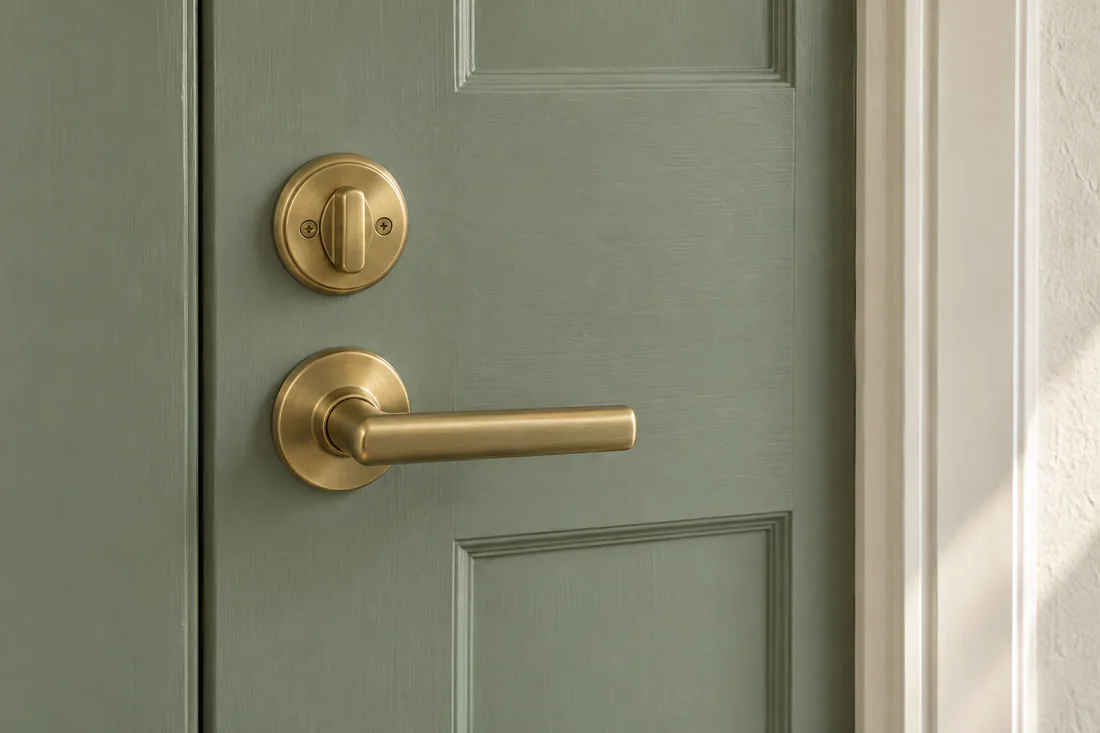 Brass thumbturn and lever installed on a sage door