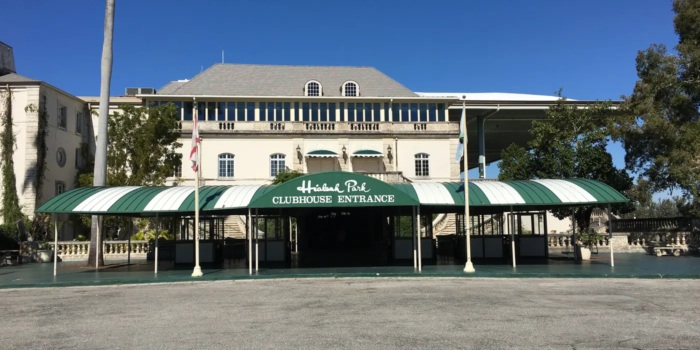 Historic clubhouse entrance at Hialeah Park