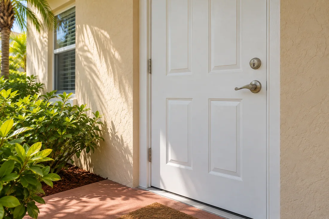 A pale stucco home entrance with mounted lock hardware